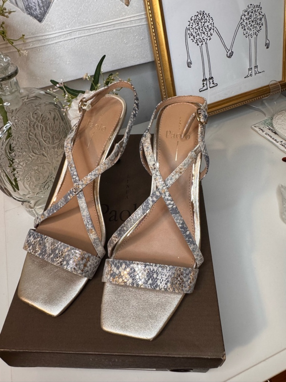 Paolo Gold-Tone Stiletto Sandals with Metallic Snake-Print Straps - Picture 7 of 10
